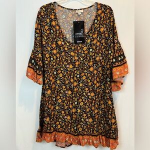 NWT AVENUE Harper Black Orange Floral Border Print Tunic Top Plus Size 16 Blouse